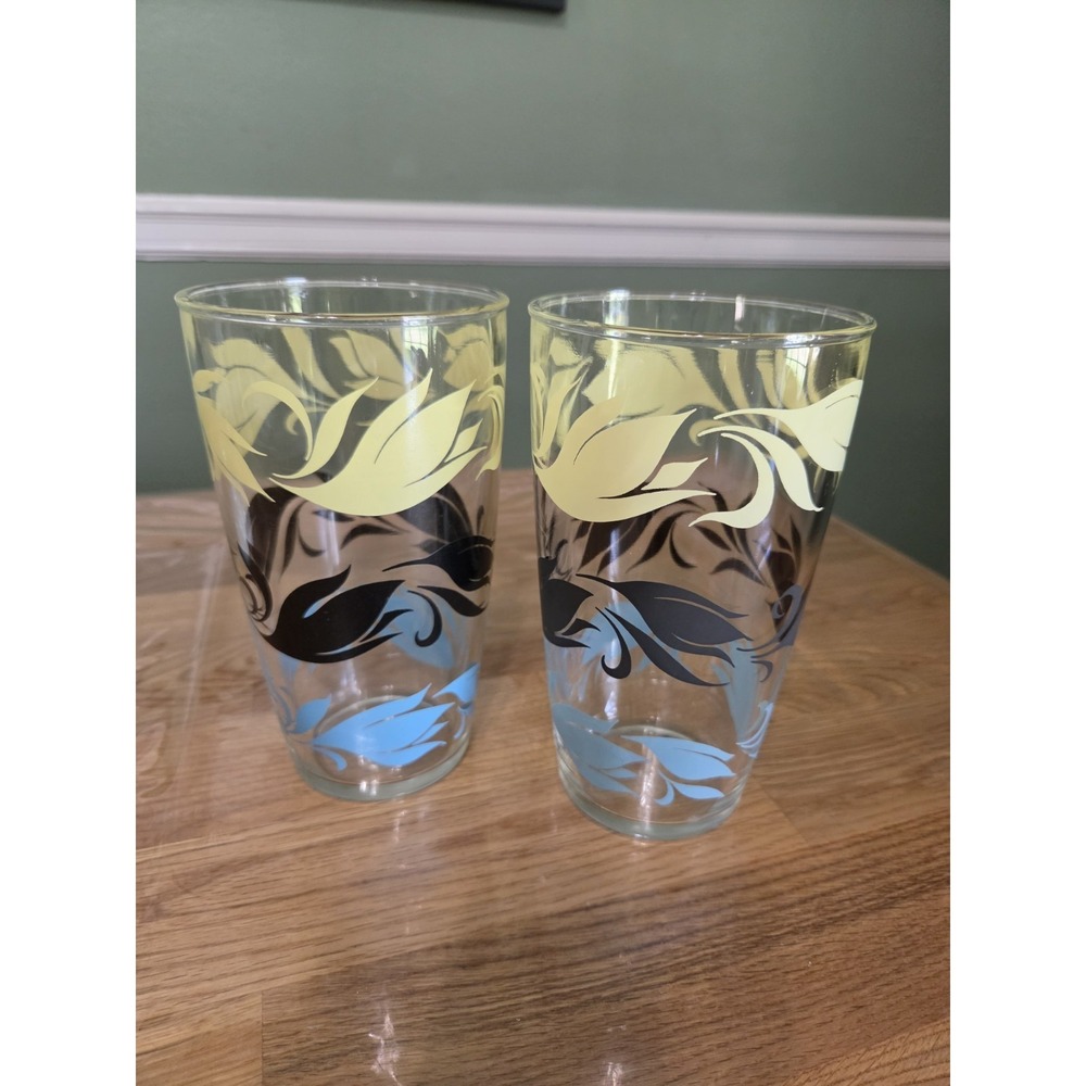 2 Vtg. Retro Hazel Atlas Large Water Beverage Glass Blue Black Yellow Leaf 24OZ